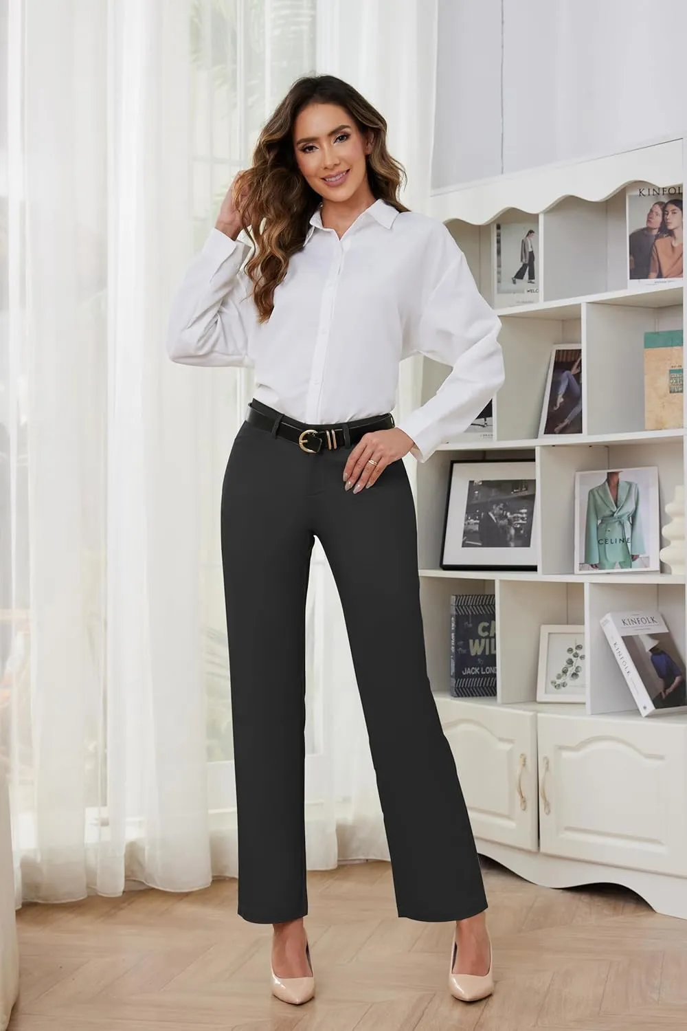 2025 Women Stretch Business Straight Leg Dress Pants with Pockets Wear to Work Casual Suitpants