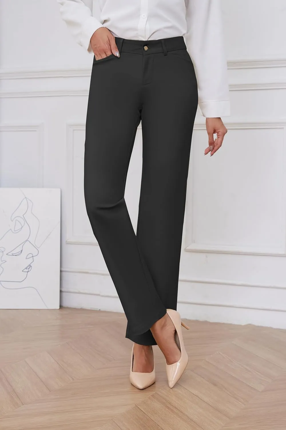 2025 Women Stretch Business Straight Leg Dress Pants with Pockets Wear to Work Casual Suitpants