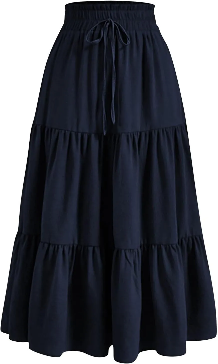 ADHOWBEW Summer Skirts for Women 2025 Pleated Casual Elastic Waist Smocked Boho Floral Trendy Vacation Sexy Flowy Skirt