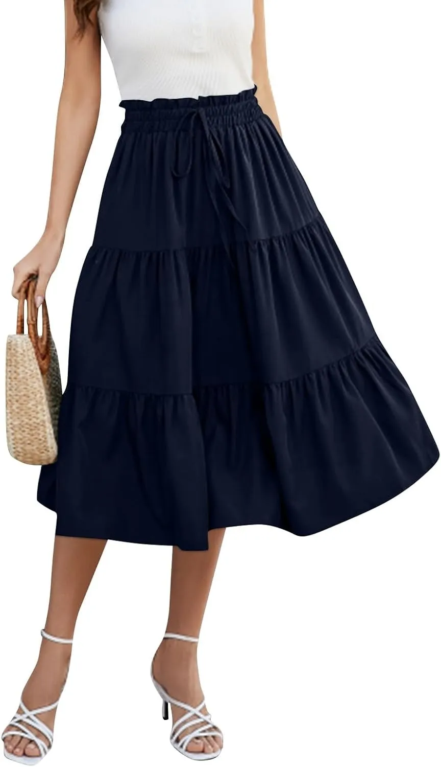 ADHOWBEW Summer Skirts for Women 2025 Pleated Casual Elastic Waist Smocked Boho Floral Trendy Vacation Sexy Flowy Skirt