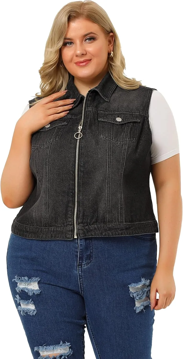 Agnes Orinda Plus Size Denim Vest for Women Sleeveless Zip Up Button Down Waistcoat Jeans Jackets Vests