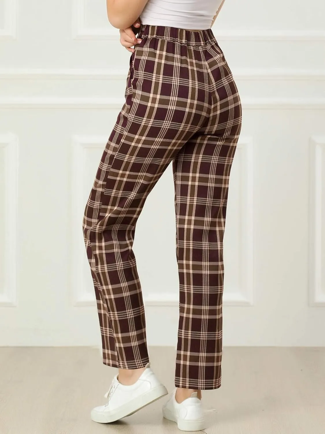 Allegra K Women's Plaid Pants Elastic Waist Casual Work Office Long Trousers
