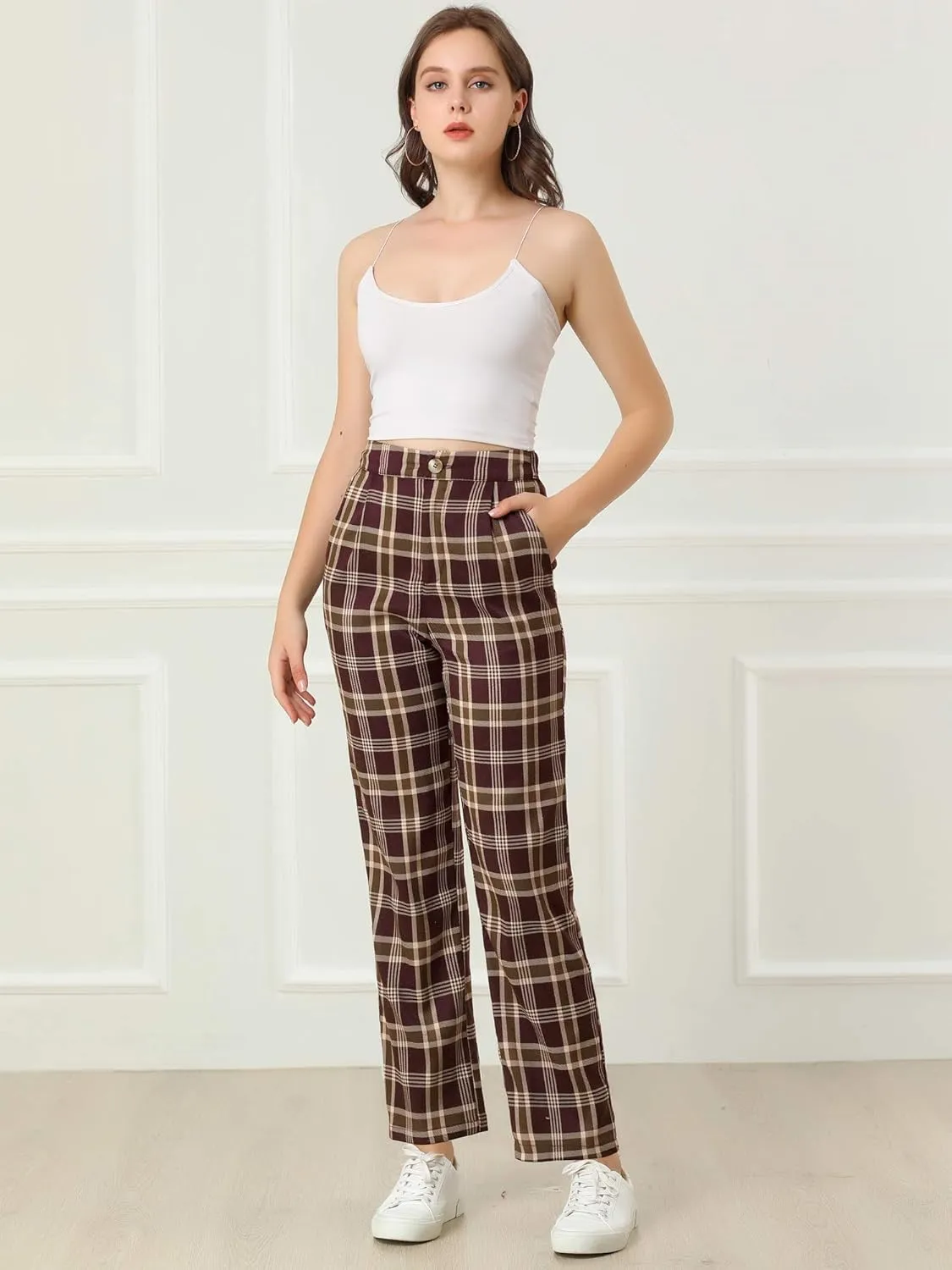 Allegra K Women's Plaid Pants Elastic Waist Casual Work Office Long Trousers