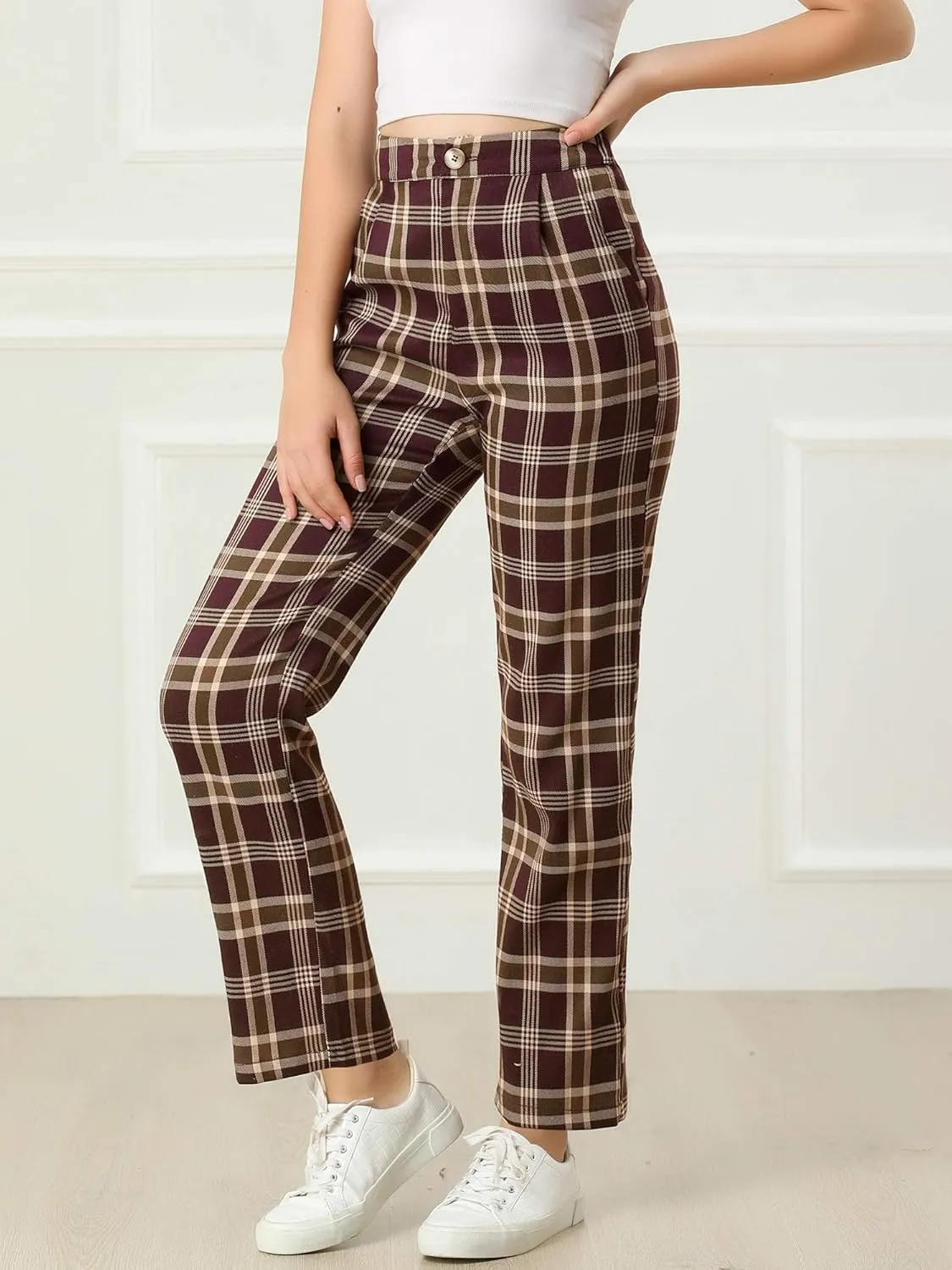 Allegra K Women's Plaid Pants Elastic Waist Casual Work Office Long Trousers