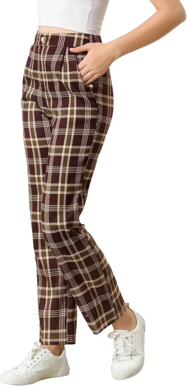 Allegra K Women's Plaid Pants Elastic Waist Casual Work Office Long Trousers
