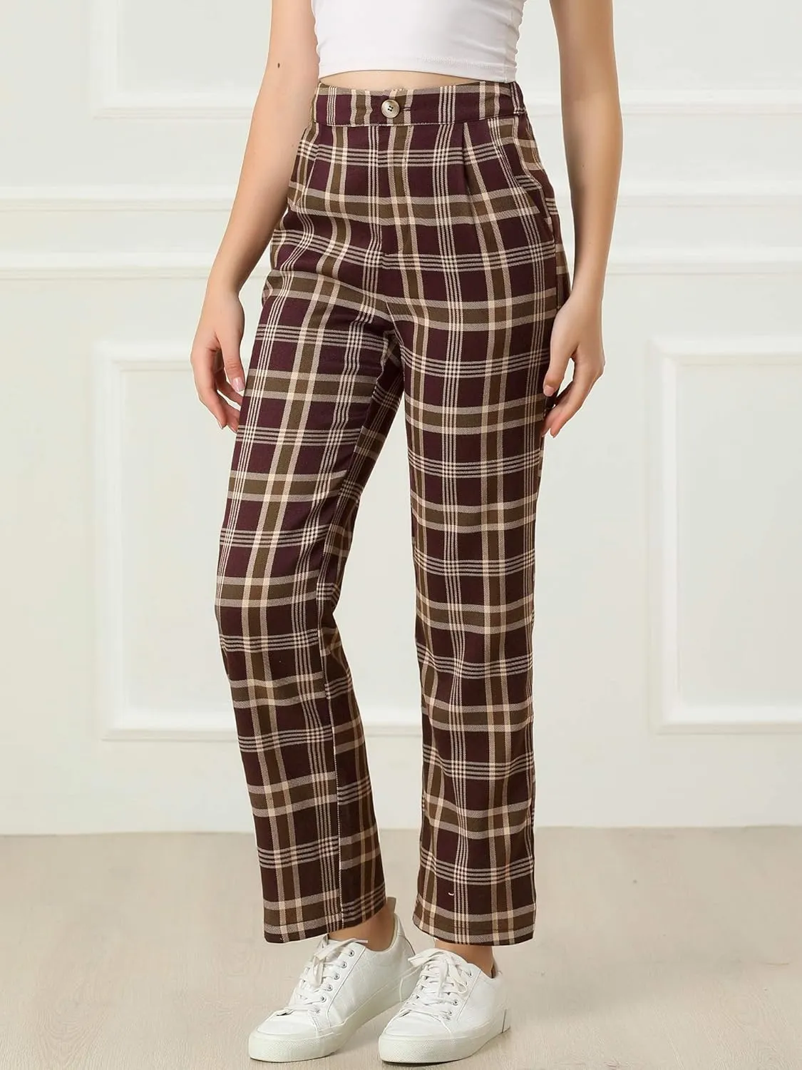 Allegra K Women's Plaid Pants Elastic Waist Casual Work Office Long Trousers