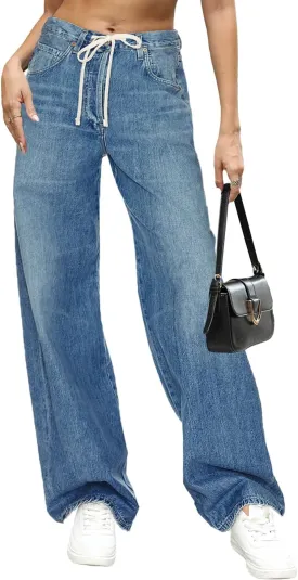 Allimy Womens Drawstring High Waist Wide Leg Jeans Straight Leg Washed Denim Jeans Pants