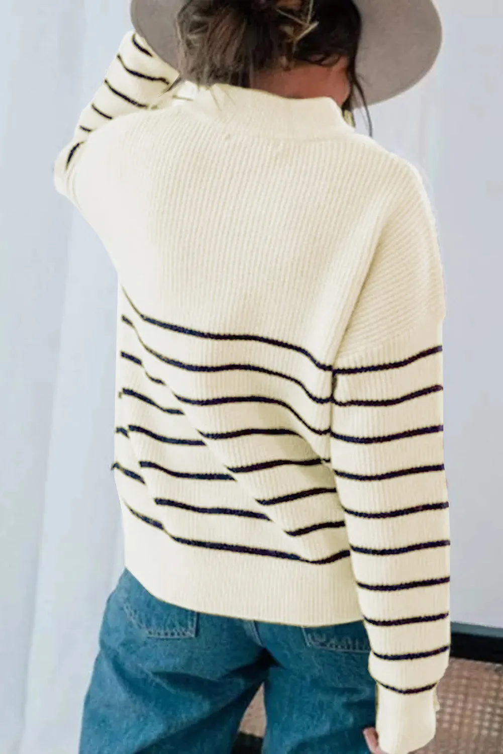 Beige Striped Zipper Knit Winter Sweater
