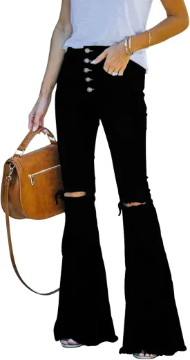 BISUAL Women's Black Bell Bottom Jeans for Women High Waisted Flare Jeans Womens Ripped Stretchy Bell Bottoms Pants