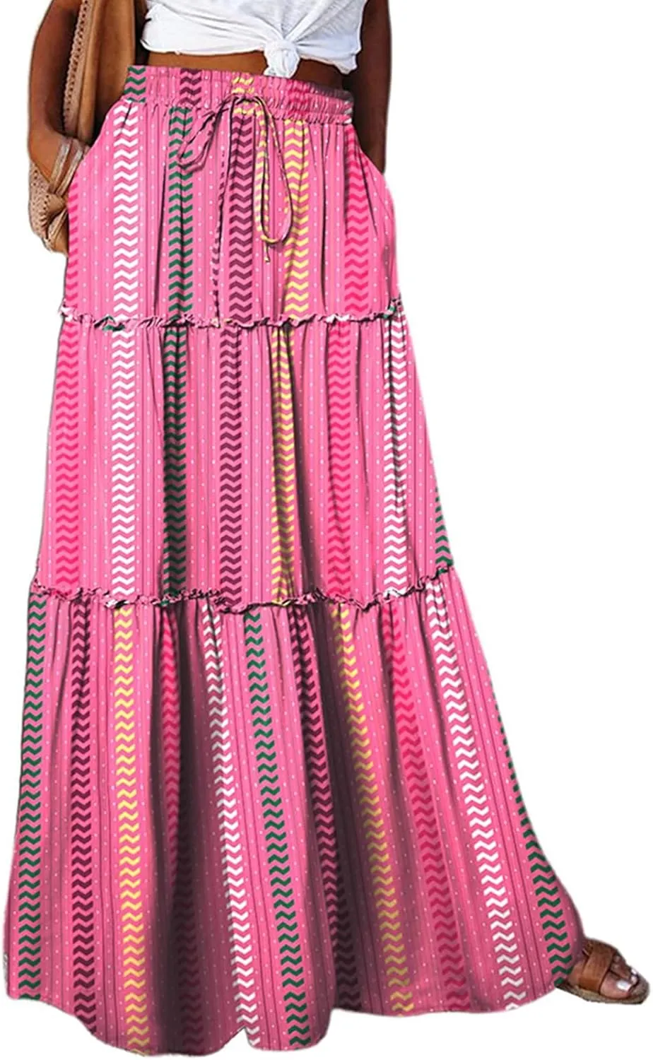 Boho Maxi Skirts for Women Pleated High Waisted Tiered A Line Skirt 2025 Summer Casual Flowy Long Skirts with Pockets