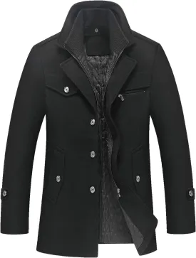 chouyatou Men's Gentle Layered Collar Single Breasted Quilted Lined Wool Blend Pea Coats