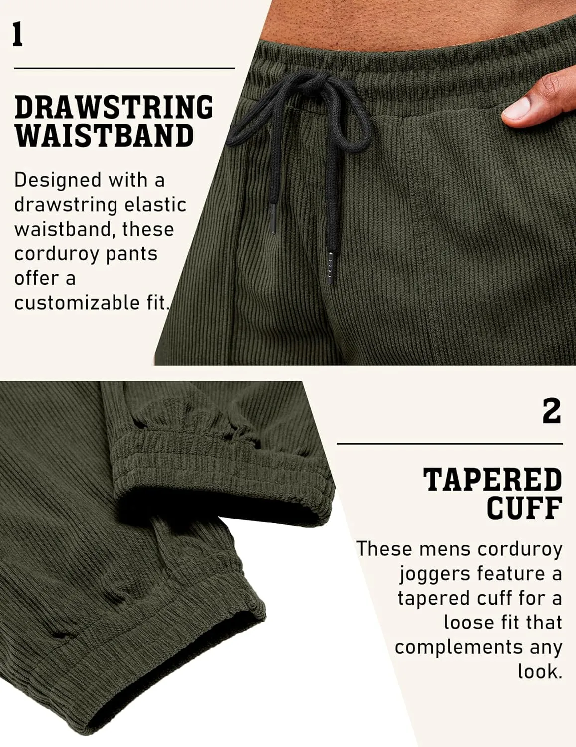 COOFANDY Men's Corduroy Pants Casual Drawstring Trousers Elastic Waist Fashion Tapered Streetwear Joggers with Pockets