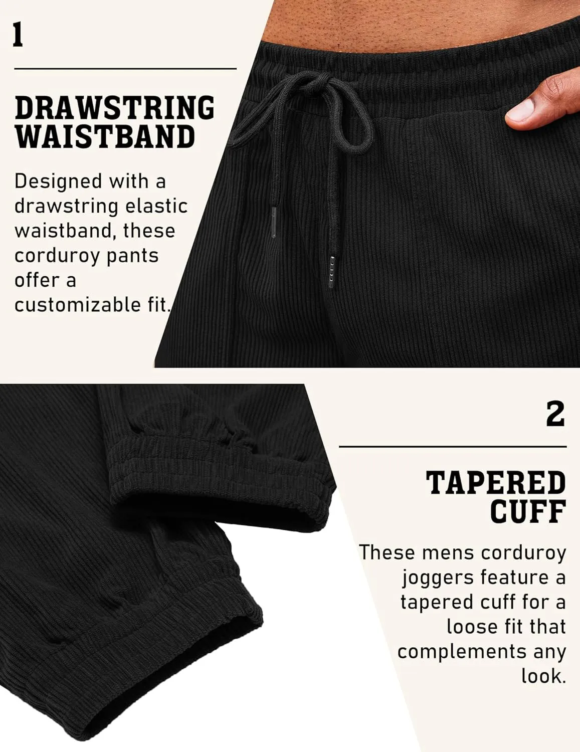 COOFANDY Men's Corduroy Pants Casual Drawstring Trousers Elastic Waist Fashion Tapered Streetwear Joggers with Pockets