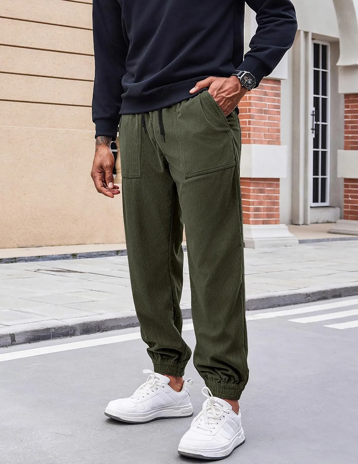 COOFANDY Men's Corduroy Pants Casual Drawstring Trousers Elastic Waist Fashion Tapered Streetwear Joggers with Pockets