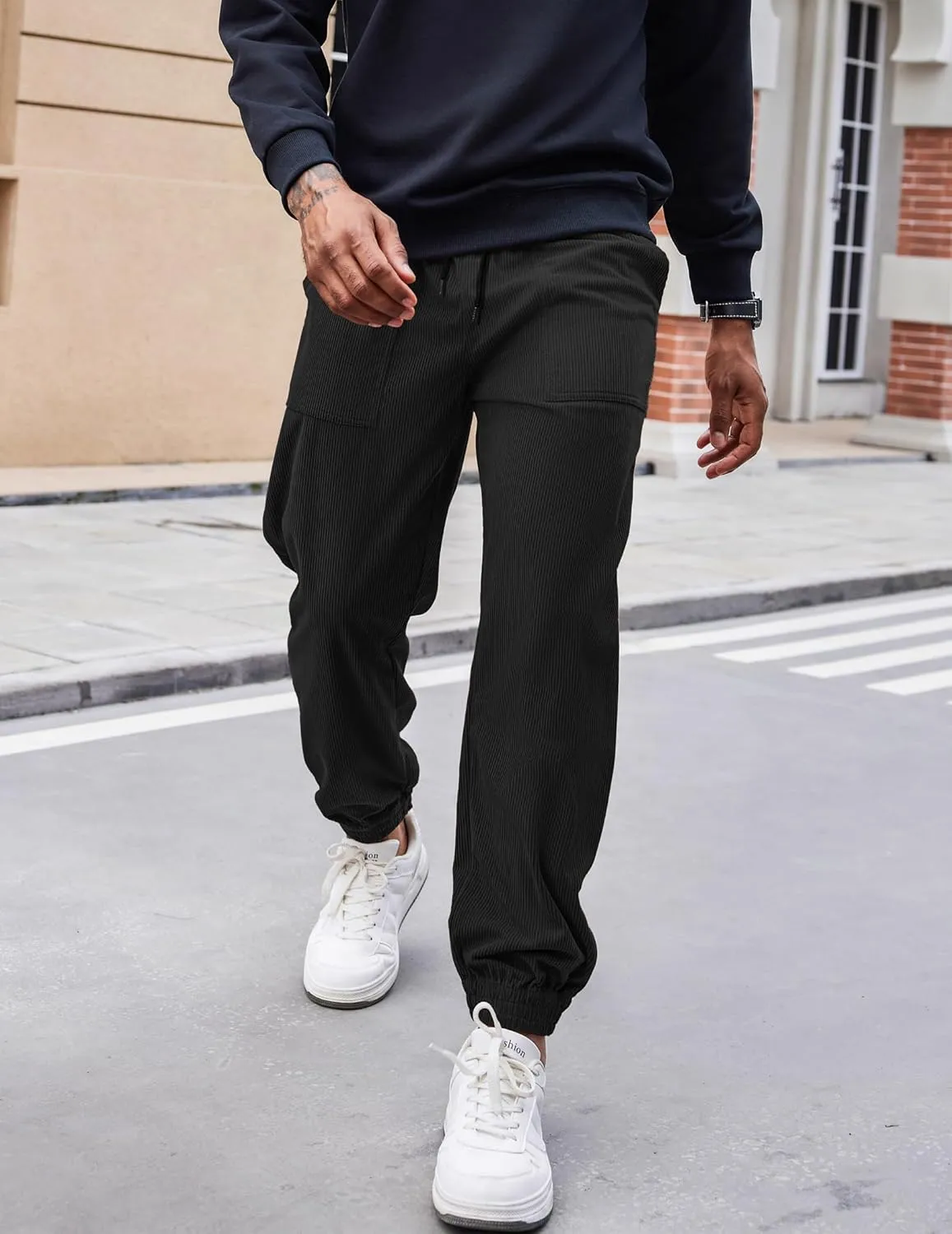 COOFANDY Men's Corduroy Pants Casual Drawstring Trousers Elastic Waist Fashion Tapered Streetwear Joggers with Pockets