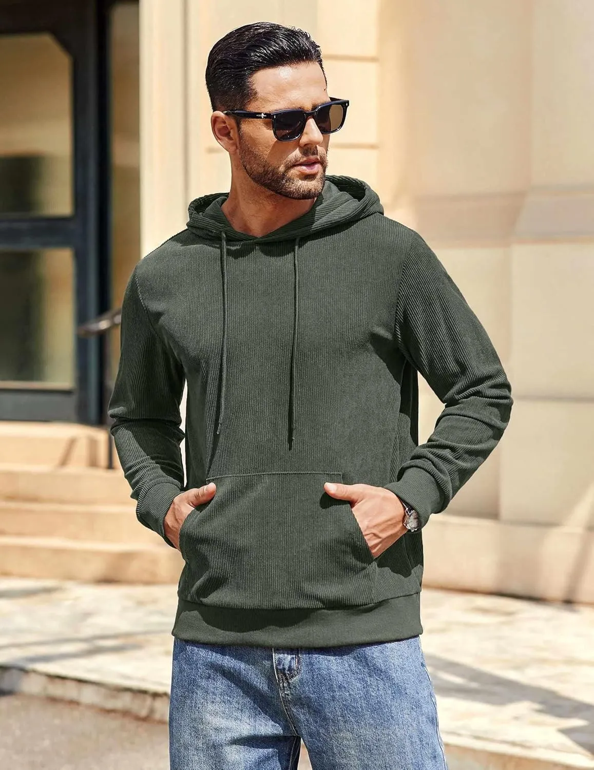 COOFANDY Mens Hooded Sweatshirt Long Sleeve Casual Corduroy Drawstring Pullover Hoodies with Pocket