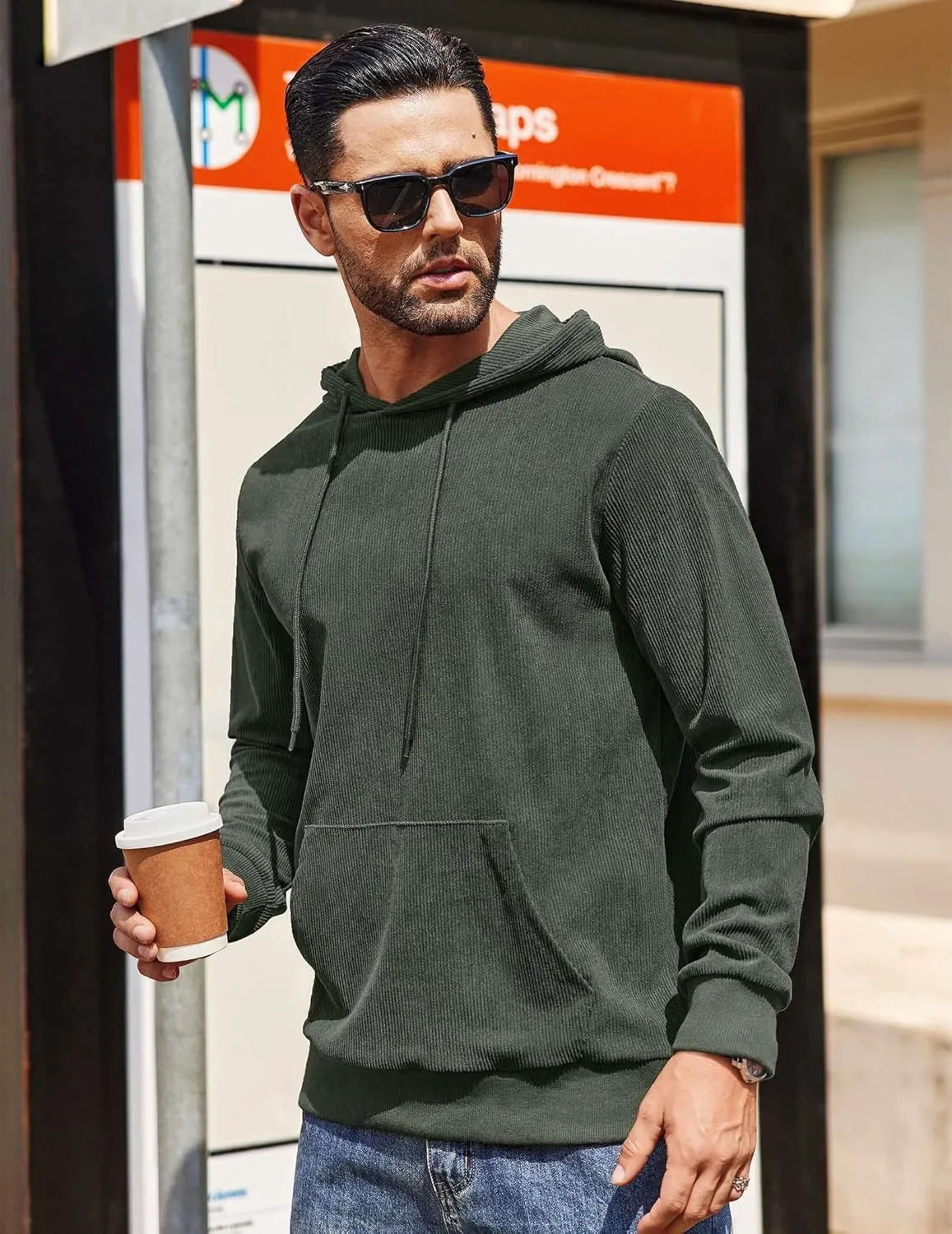 COOFANDY Mens Hooded Sweatshirt Long Sleeve Casual Corduroy Drawstring Pullover Hoodies with Pocket