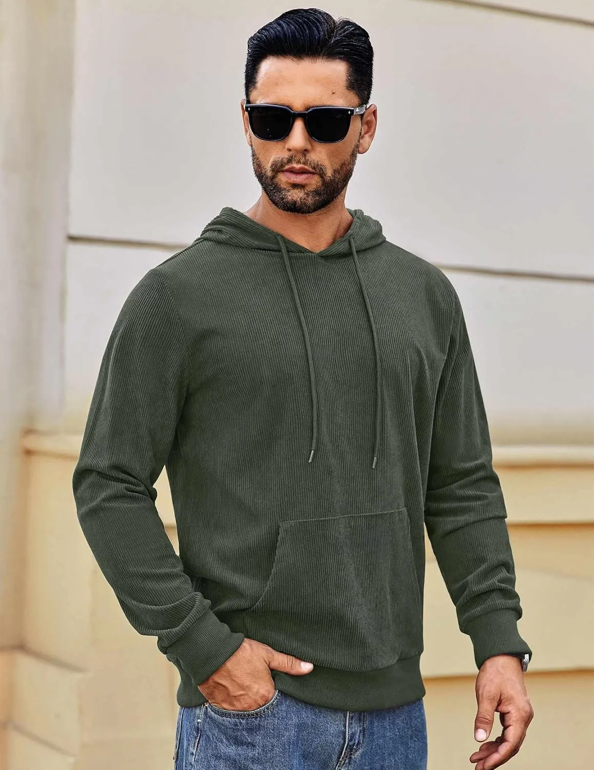 COOFANDY Mens Hooded Sweatshirt Long Sleeve Casual Corduroy Drawstring Pullover Hoodies with Pocket