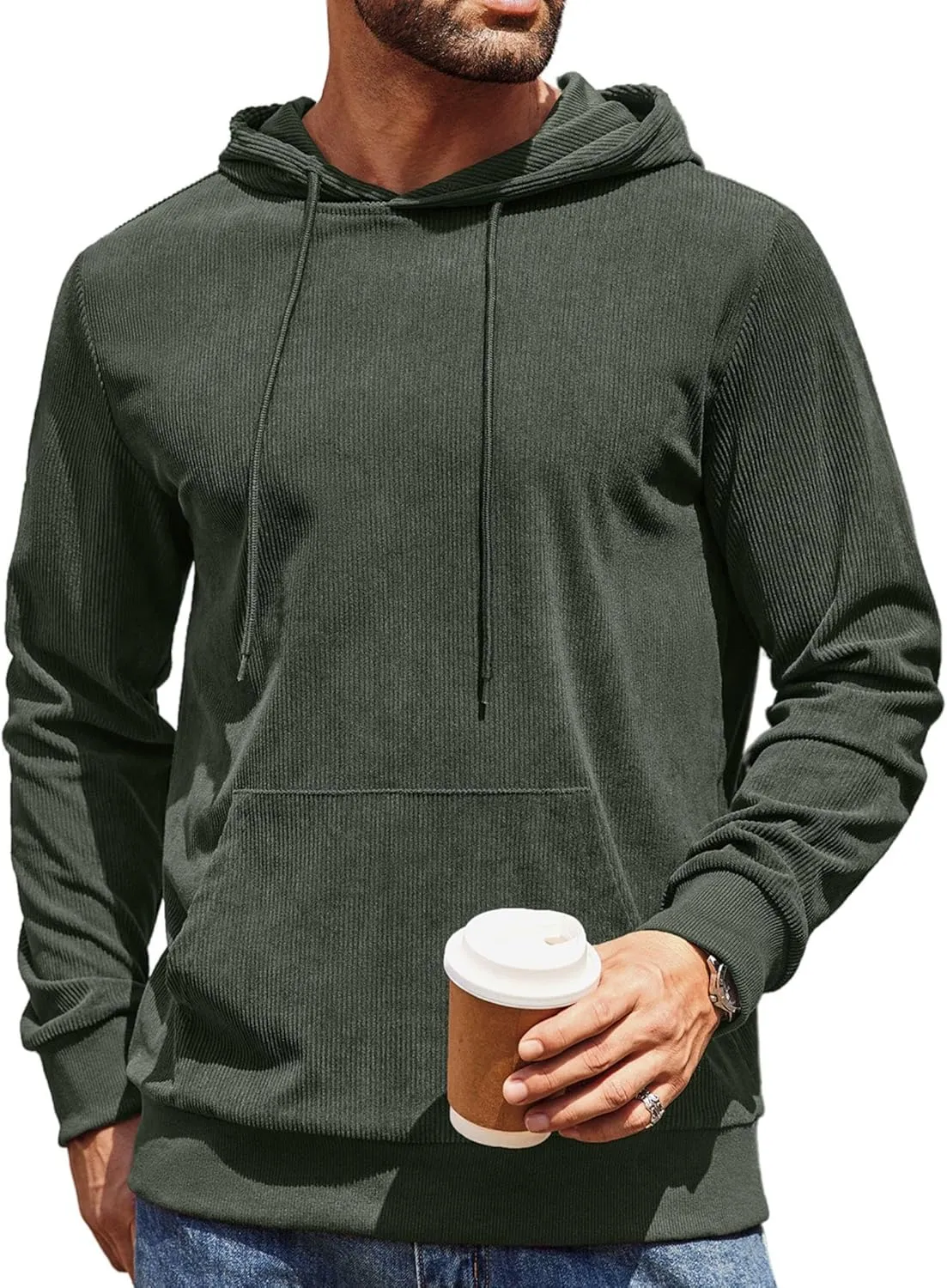 COOFANDY Mens Hooded Sweatshirt Long Sleeve Casual Corduroy Drawstring Pullover Hoodies with Pocket