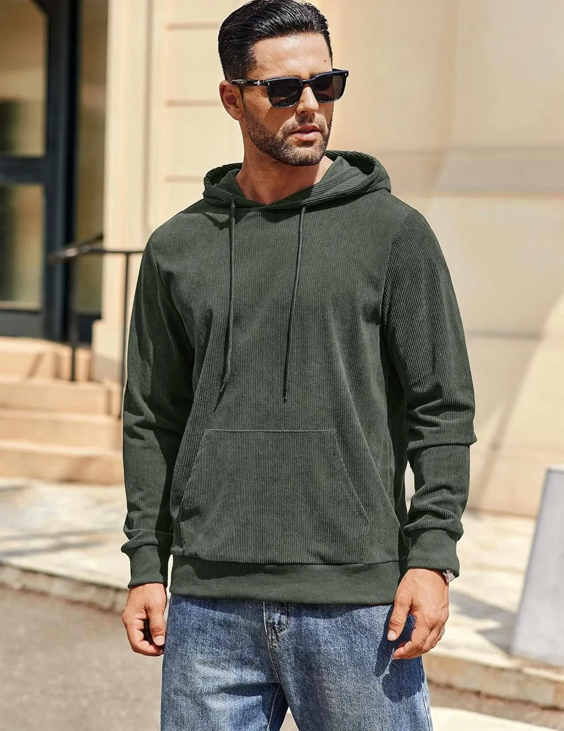 COOFANDY Mens Hooded Sweatshirt Long Sleeve Casual Corduroy Drawstring Pullover Hoodies with Pocket