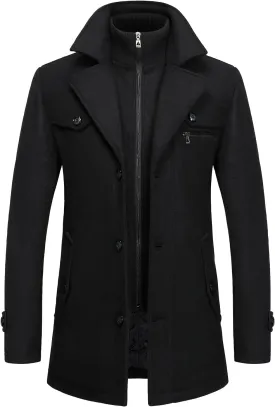FANARCHER Men's Wool Blend Coats with Detachable Zipper Winter Warm Jakcet Single Breasted Business Windbreaker Pea Coat