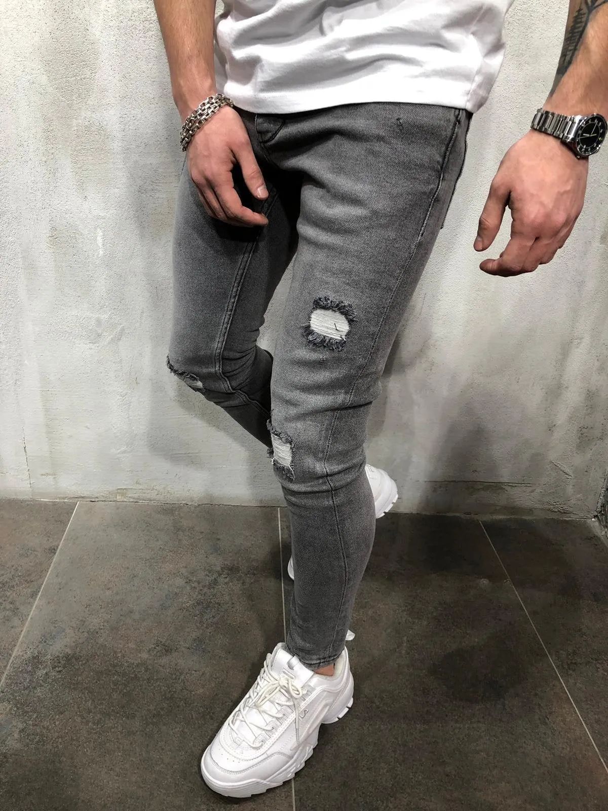Gray Washed Distressed Ultra Skinny Fit Denim AY304 Streetwear Jeans