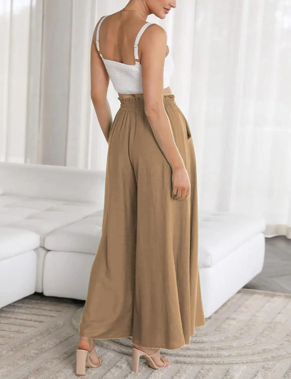Hooever Women's Wide Leg Pants Flowy Drape Ruffle Drawstring Waist Palazzo Pants