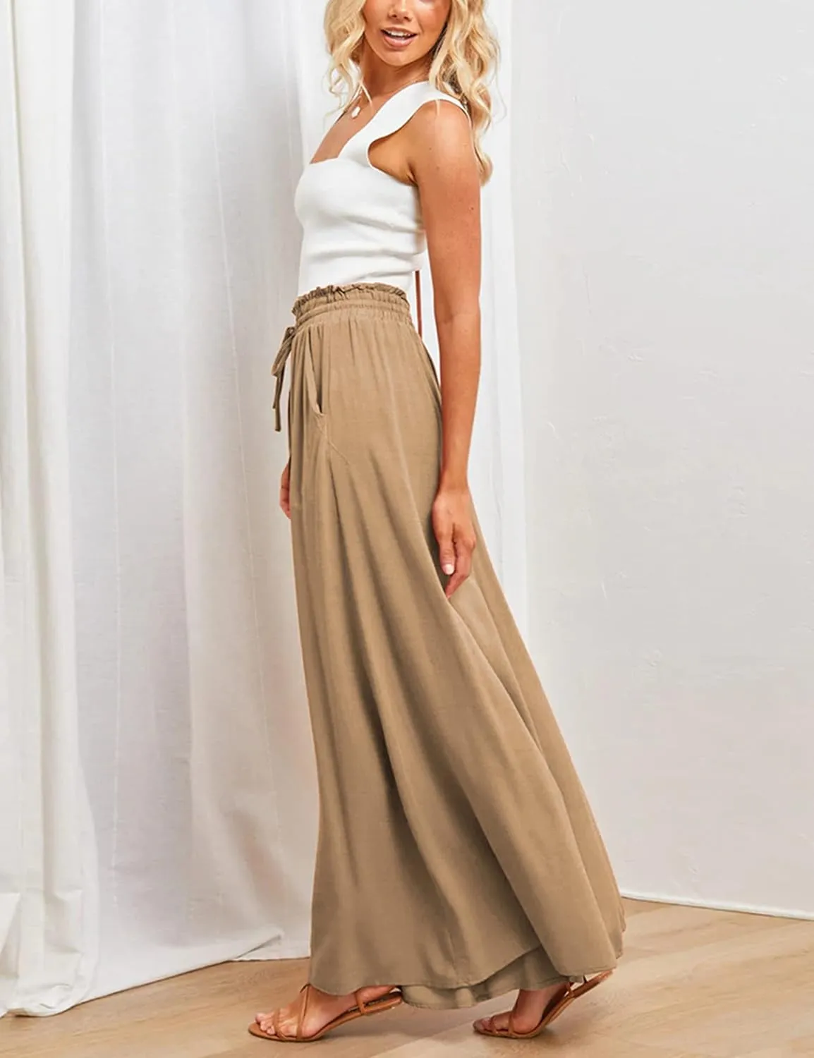 Hooever Women's Wide Leg Pants Flowy Drape Ruffle Drawstring Waist Palazzo Pants