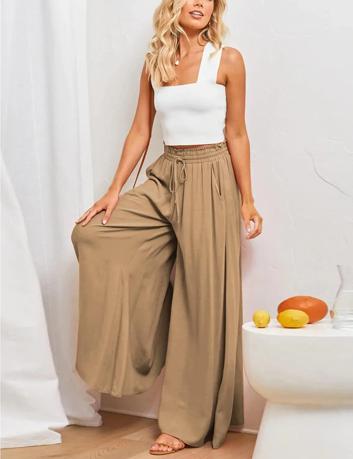 Hooever Women's Wide Leg Pants Flowy Drape Ruffle Drawstring Waist Palazzo Pants