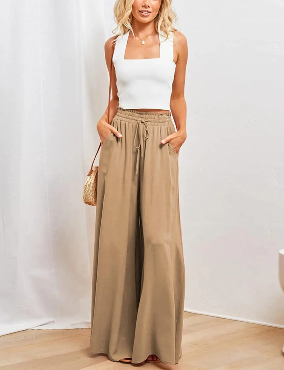Hooever Women's Wide Leg Pants Flowy Drape Ruffle Drawstring Waist Palazzo Pants