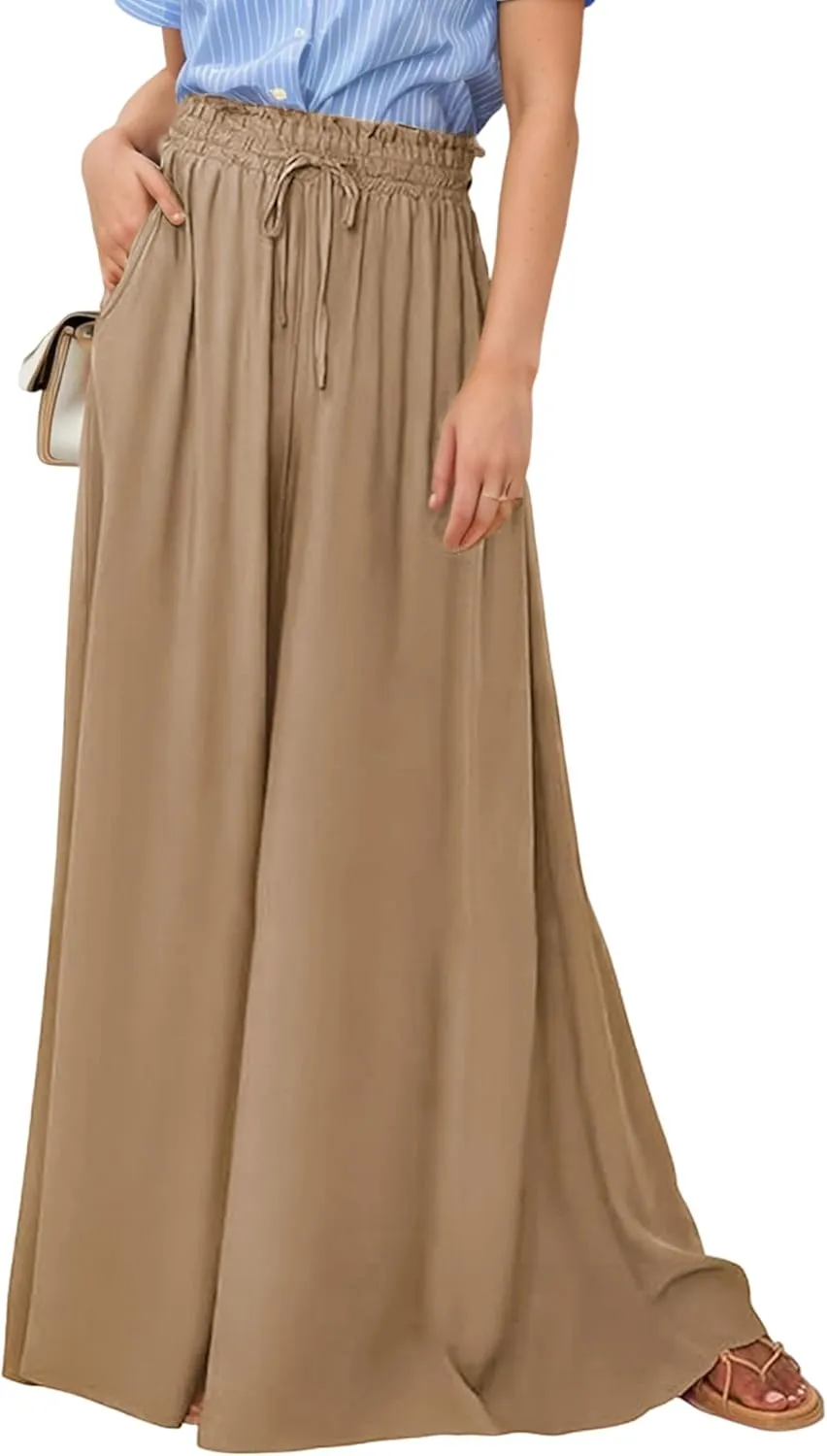 Hooever Women's Wide Leg Pants Flowy Drape Ruffle Drawstring Waist Palazzo Pants