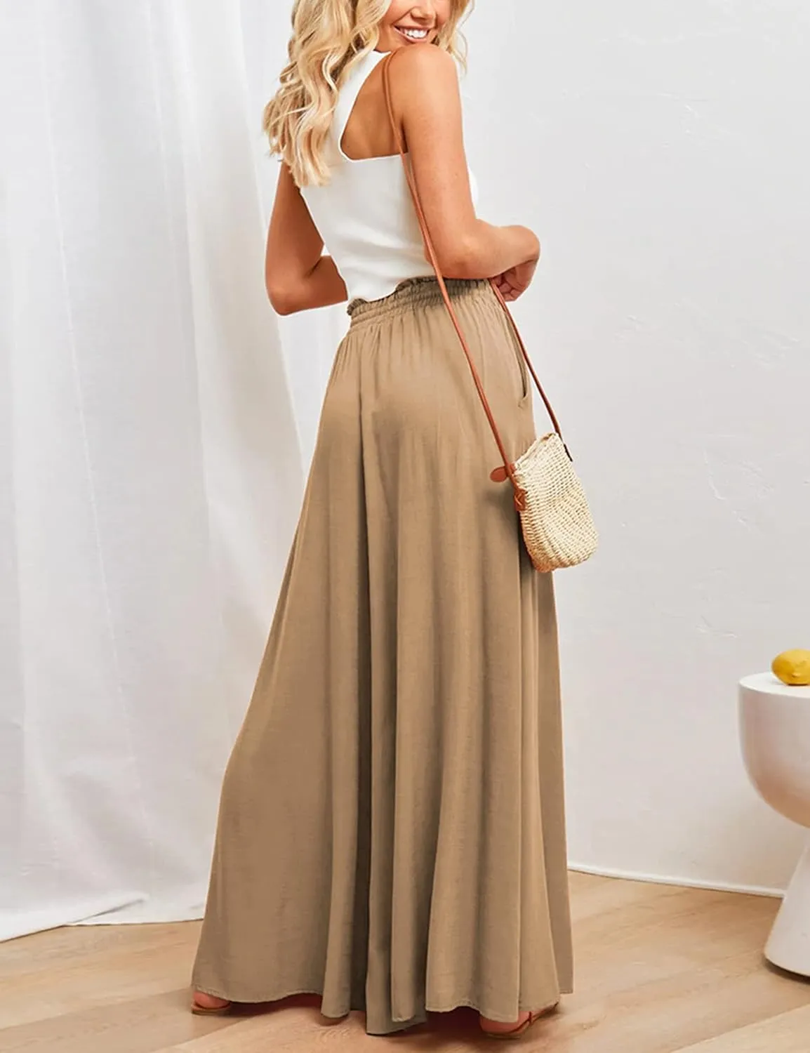Hooever Women's Wide Leg Pants Flowy Drape Ruffle Drawstring Waist Palazzo Pants