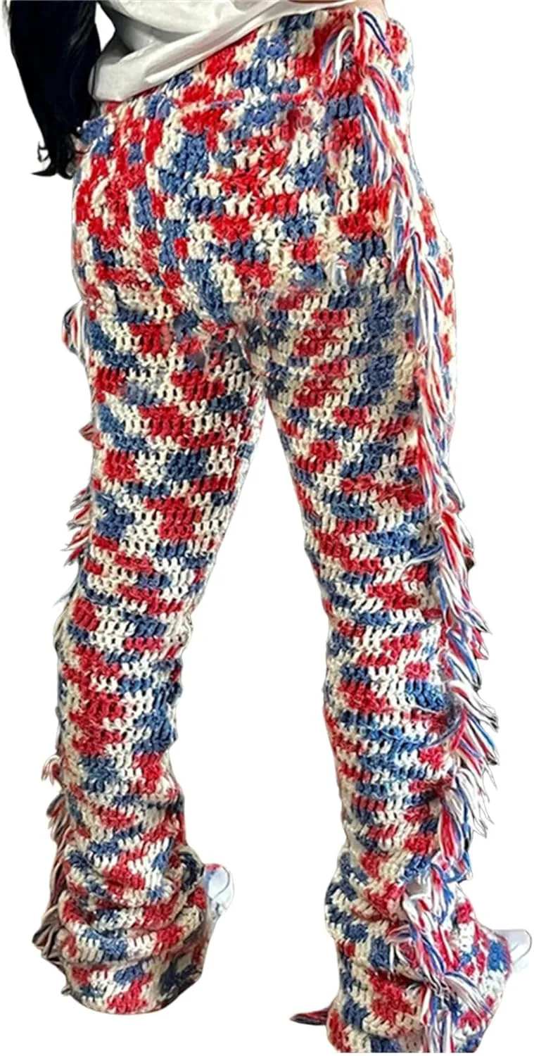 Ksotutm High Waisted Women's Knit Fringe Flare Hippie Tassel Pants