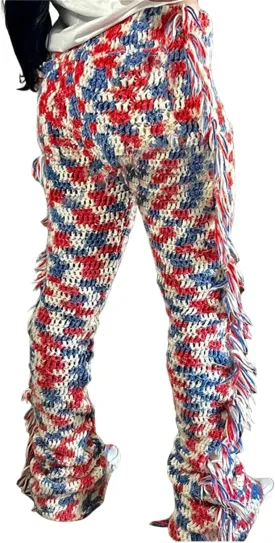 Ksotutm High Waisted Women's Knit Fringe Flare Hippie Tassel Pants