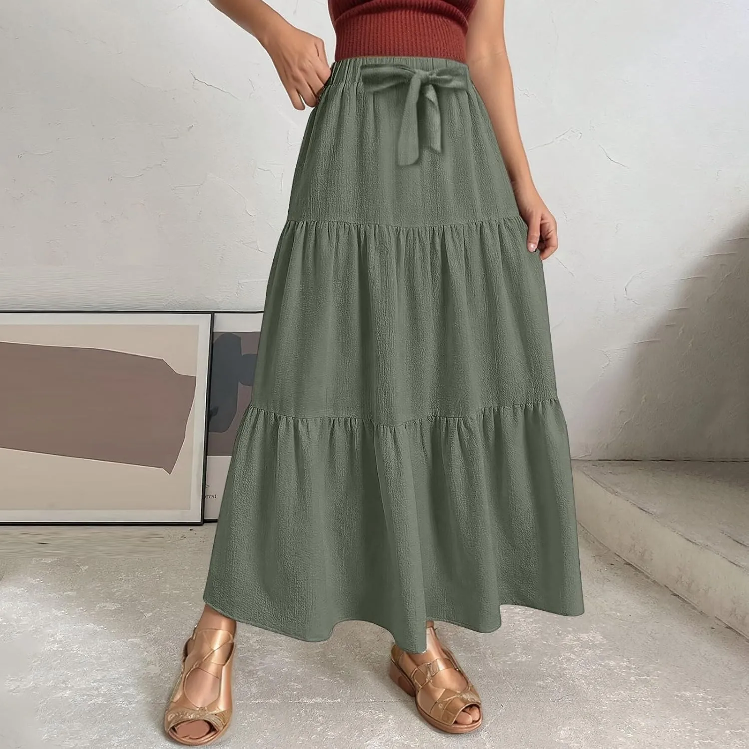 Linen Maxi Skirts for Women 2025 Summer Boho Long Flowy Bow Tie Elastic High Waist Tiered Swing Pleated A Line Skirt