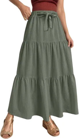 Linen Maxi Skirts for Women 2025 Summer Boho Long Flowy Bow Tie Elastic High Waist Tiered Swing Pleated A Line Skirt