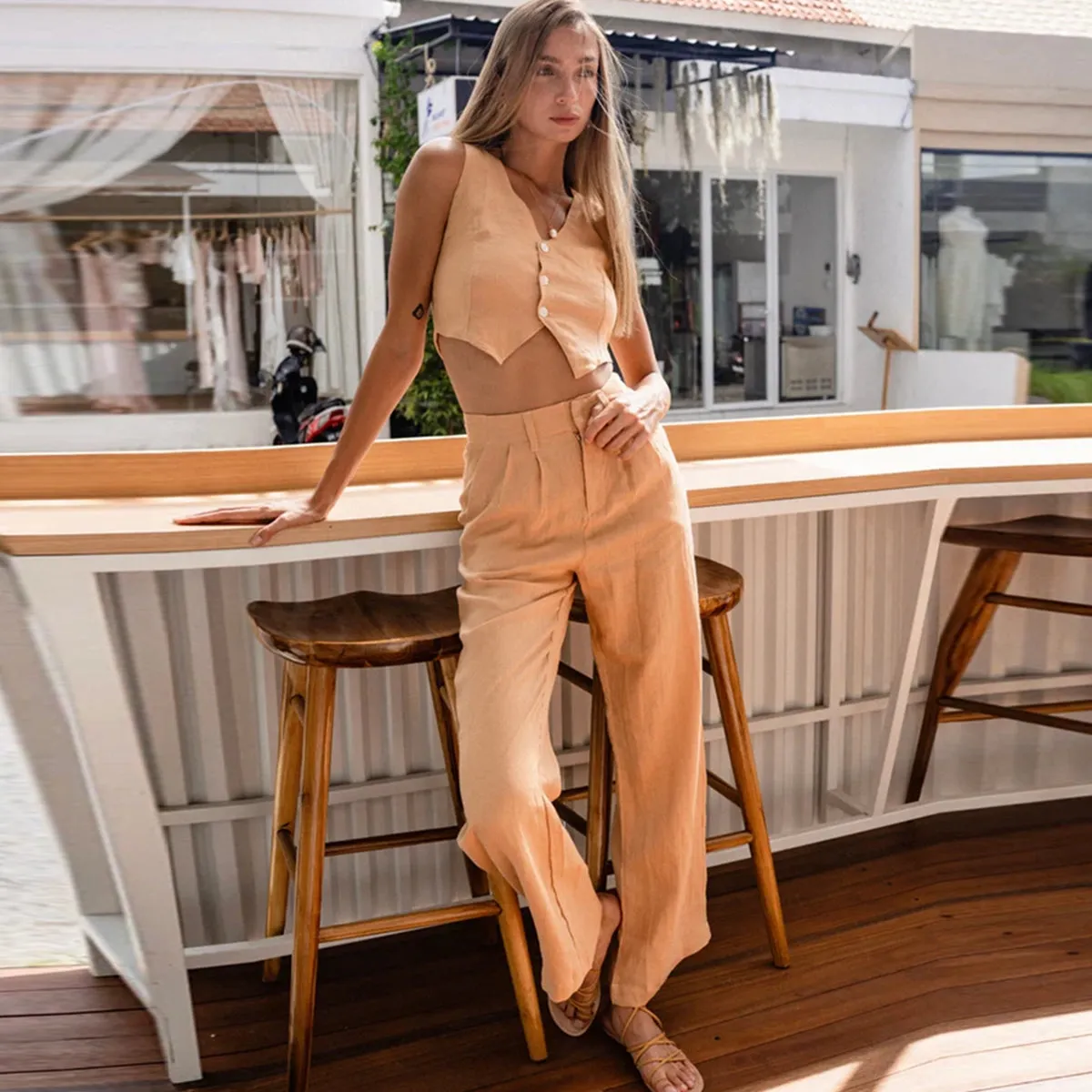 Linen Zipper Pants in Peach