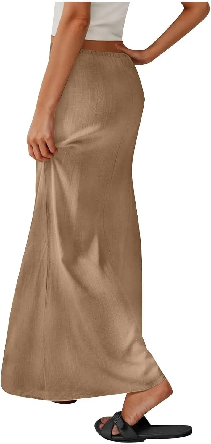 Long Skirts for Women Boho Vacation Flowy Maxi Skirt Lightweight Drawstring Low Rise Ankle Length Slim A Line Skirt