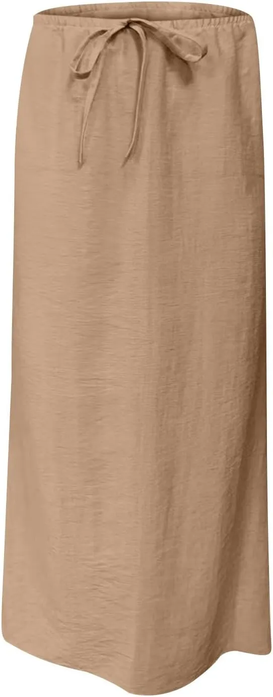 Long Skirts for Women Boho Vacation Flowy Maxi Skirt Lightweight Drawstring Low Rise Ankle Length Slim A Line Skirt