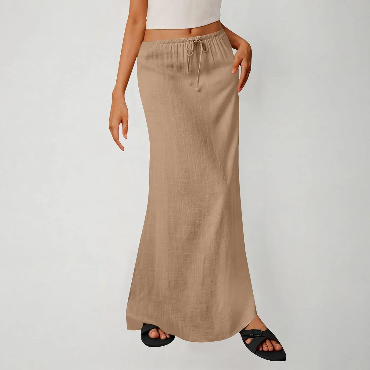 Long Skirts for Women Boho Vacation Flowy Maxi Skirt Lightweight Drawstring Low Rise Ankle Length Slim A Line Skirt