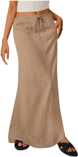 Long Skirts for Women Boho Vacation Flowy Maxi Skirt Lightweight Drawstring Low Rise Ankle Length Slim A Line Skirt