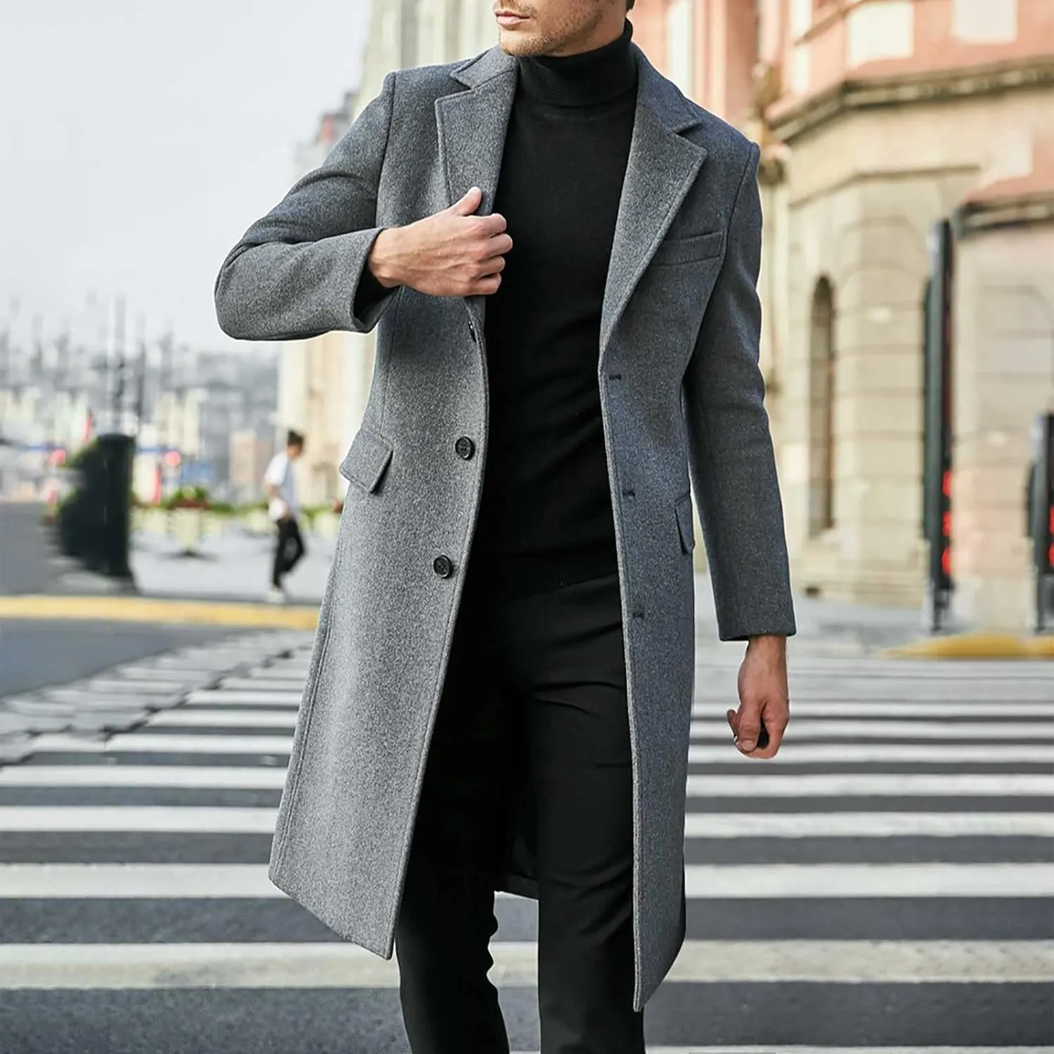 Long Trench Coats for Men Winter Jackets Wool Blend Peacoats Trendy Notched Lapel Overcoats Plus Size Jacket