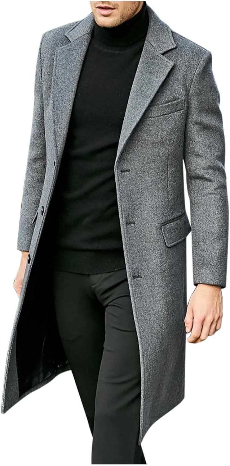 Long Trench Coats for Men Winter Jackets Wool Blend Peacoats Trendy Notched Lapel Overcoats Plus Size Jacket