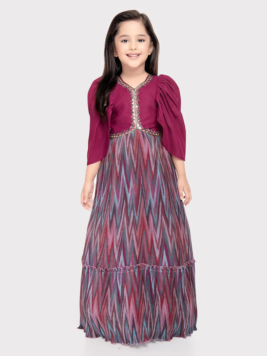 Magenta Coloured Butterfly Style Sleeves Hand Embroidery Fancy Gown For Girls