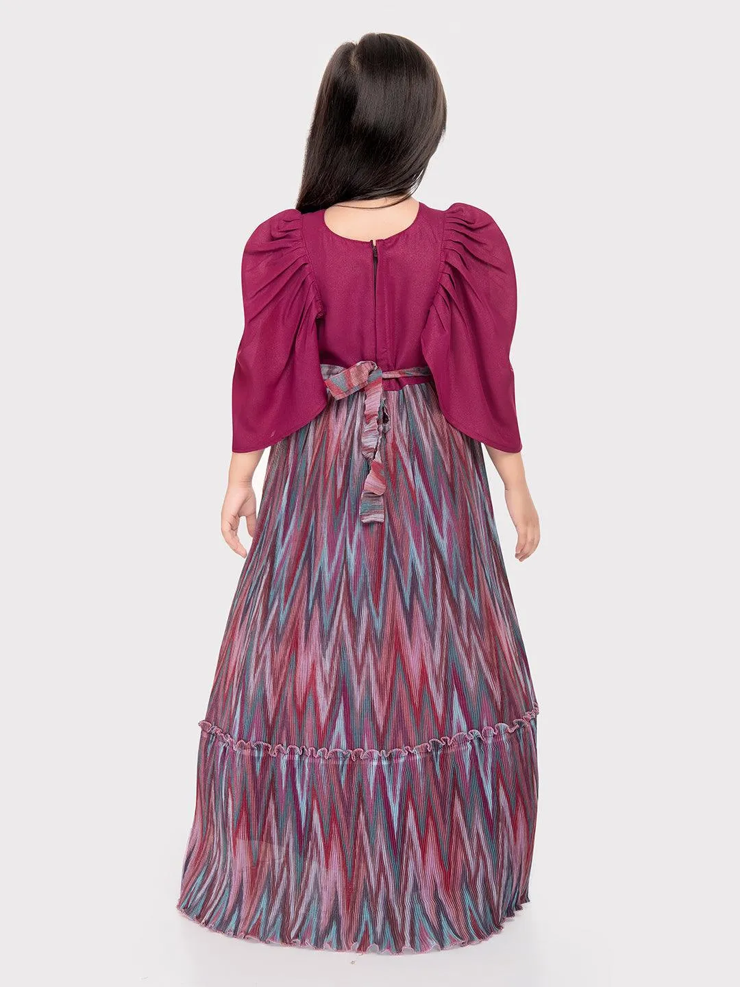 Magenta Coloured Butterfly Style Sleeves Hand Embroidery Fancy Gown For Girls