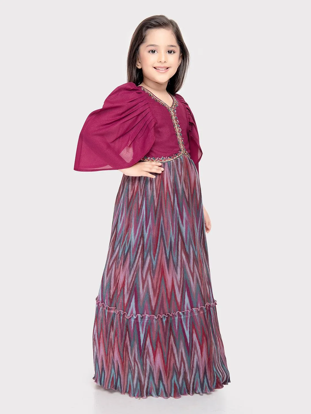 Magenta Coloured Butterfly Style Sleeves Hand Embroidery Fancy Gown For Girls