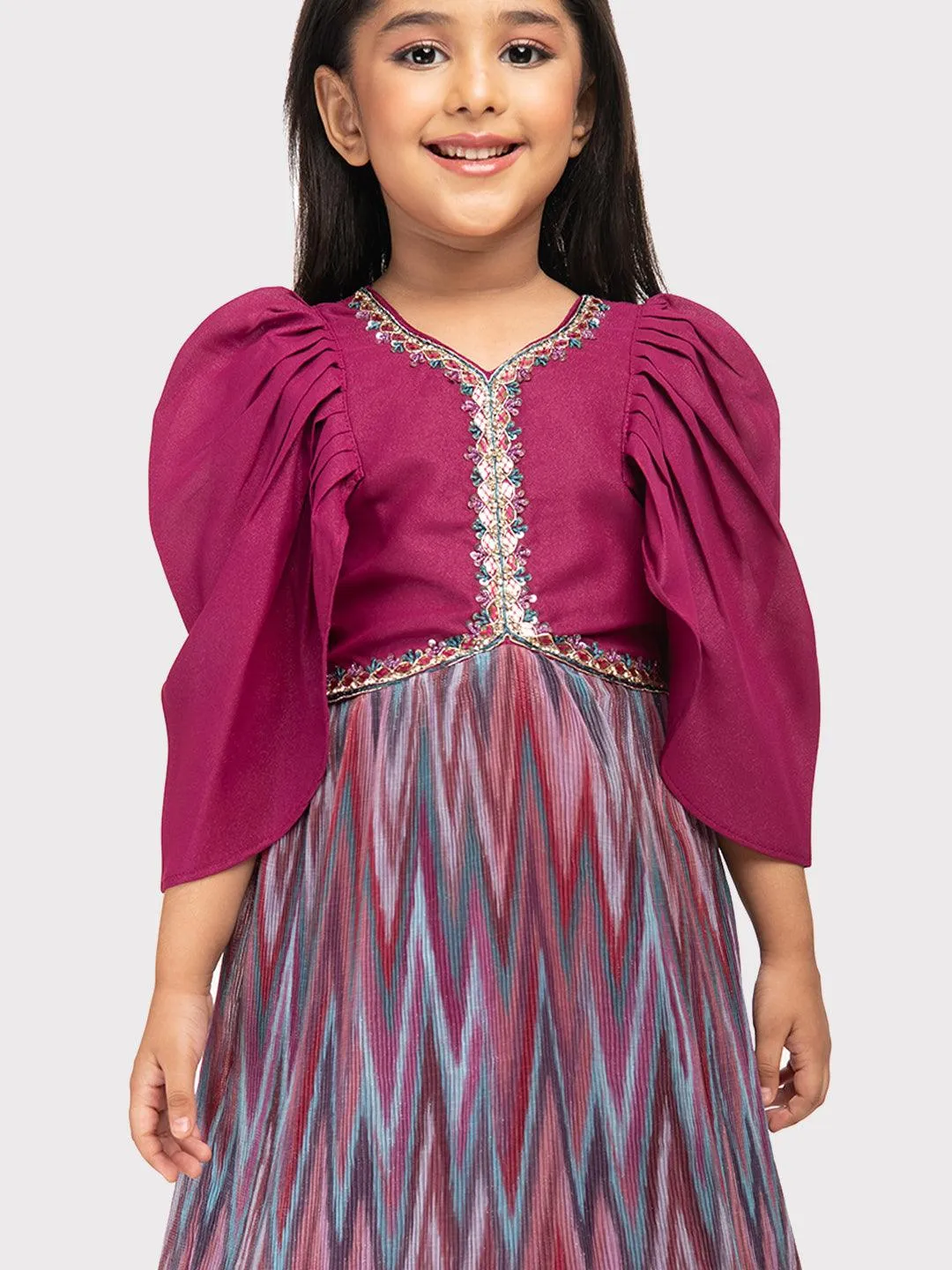 Magenta Coloured Butterfly Style Sleeves Hand Embroidery Fancy Gown For Girls