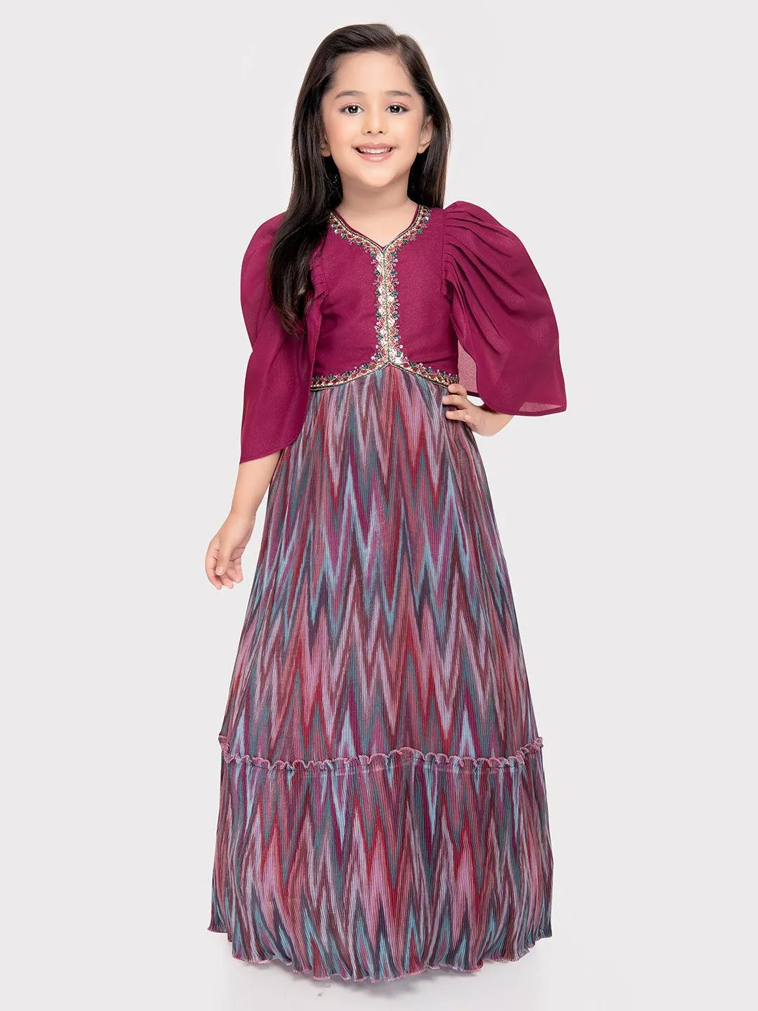 Magenta Coloured Butterfly Style Sleeves Hand Embroidery Fancy Gown For Girls