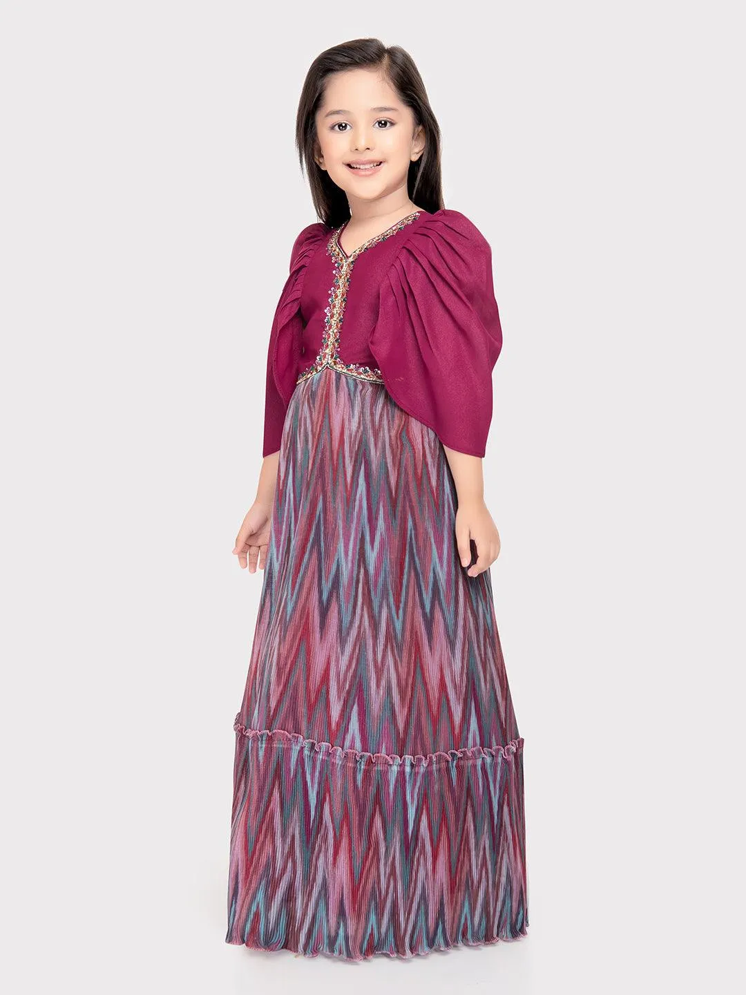Magenta Coloured Butterfly Style Sleeves Hand Embroidery Fancy Gown For Girls