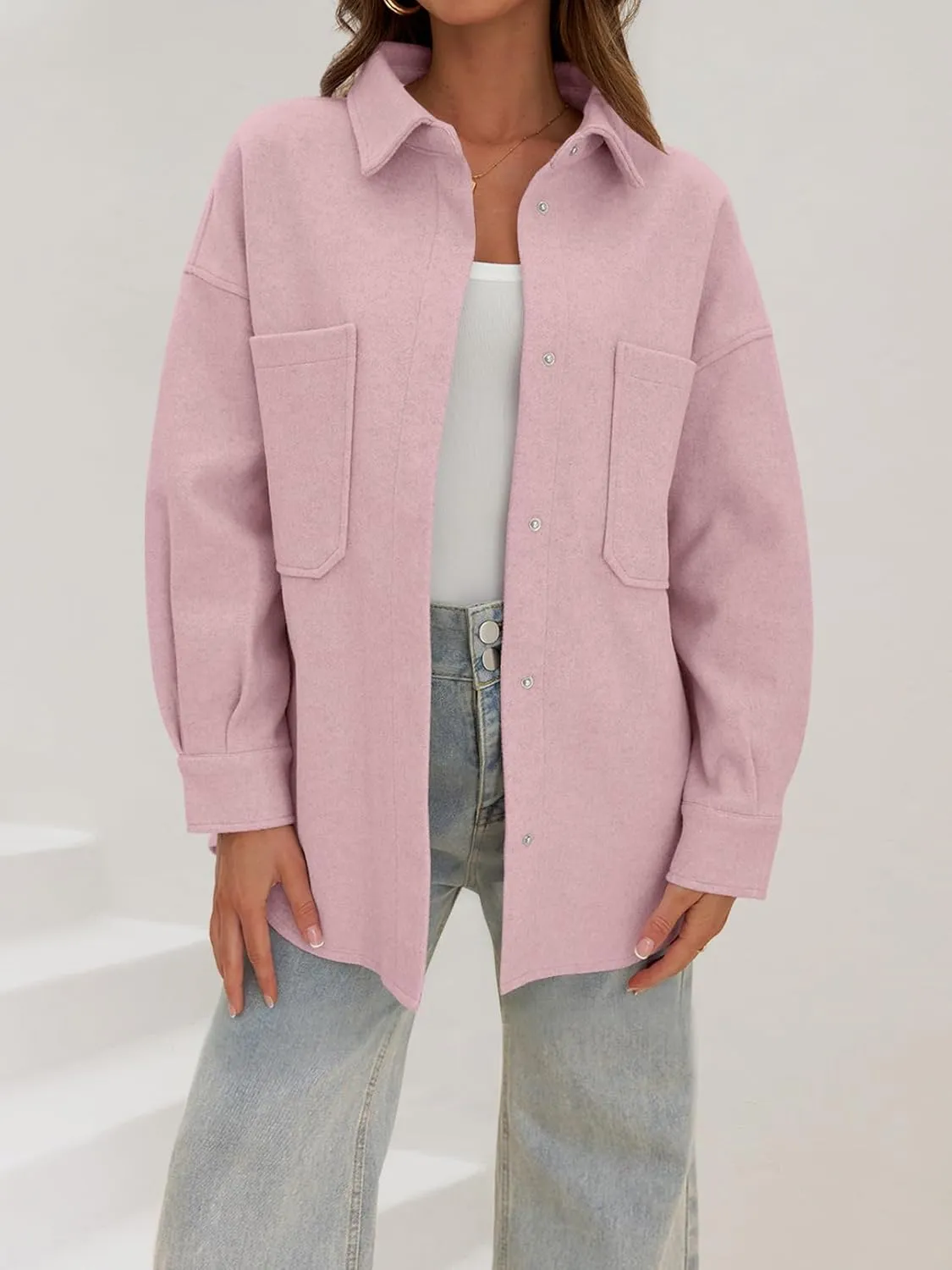 MEROKEETY Women's 2024 Fall Oversized Long Sleeve Shacket Jacket Button Down Wool Blend Coats with Pockets
